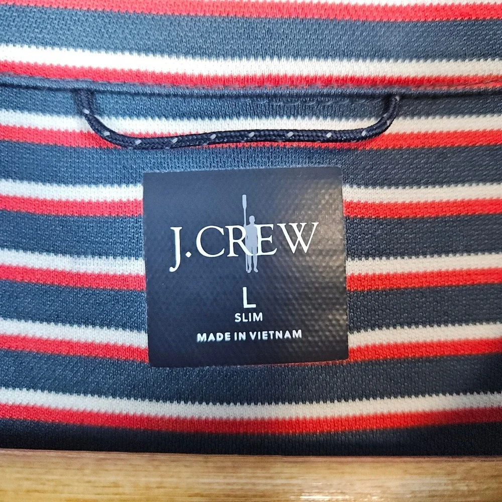 J Crew Men's Polo Shirt Size L Red White Gray Stripes Cotton & Coolmax Polyester